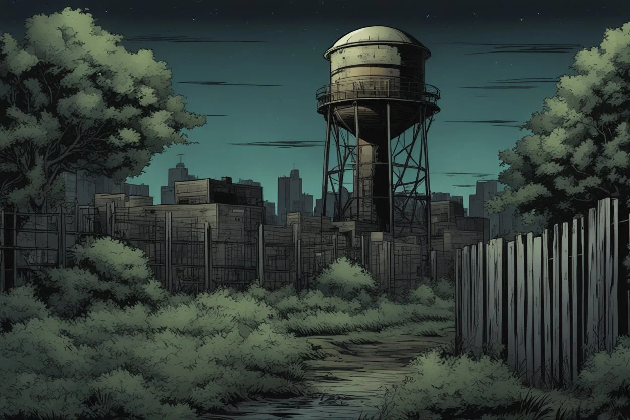 night, watertower, overgrown apocalyptic city background, comic book, fence