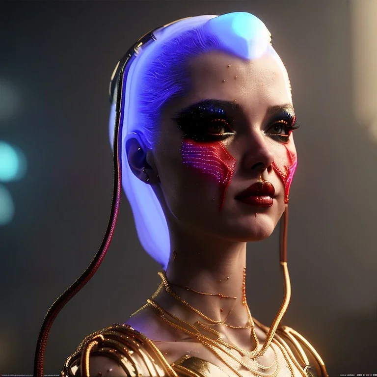 pretty Russian cyber woman, cold ambient, latex, cables, purpurin, blood, black, gold, piercings, brown, decorative color feathers, circuits, neon style, a lot of led lights, fog, rain, vibrant color, highly detailed, art stations, concept art, smooth, unreal engine 5, god rays, ray tracing, RTX, lumen lighting, ultra detail, volumetric lighting, 3d, finely drawn, high definition, high resolution.