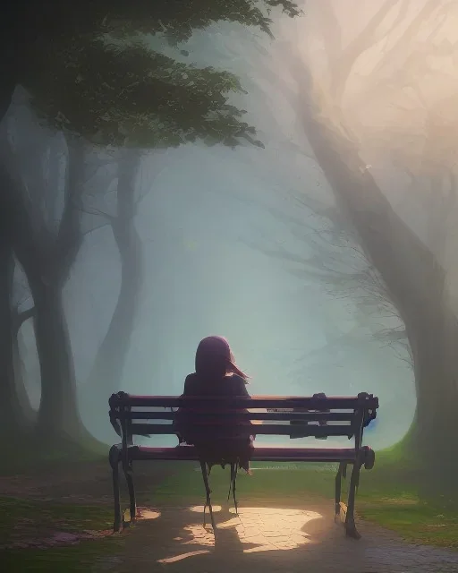 park mystical dream, park bench, man, woman, child, dog, trees, path, bird, sunshine, mystical, fantasy, romanticism, pastel colors, daylight, daytime, acrylic painting, detailed, soft focus,