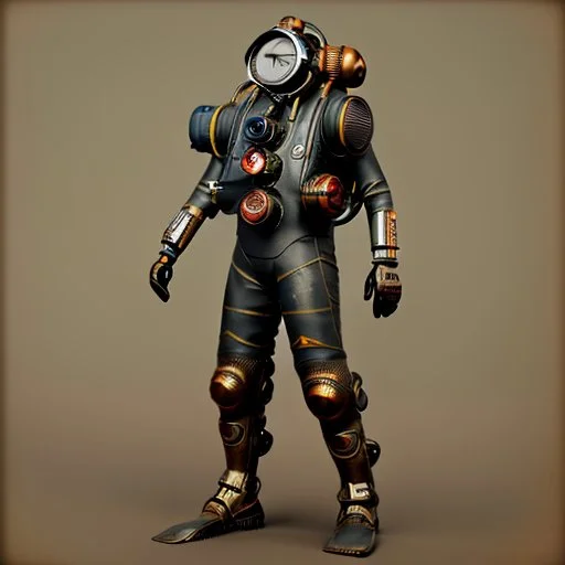 90's male retro scifi art of a steampunk diver with big armor