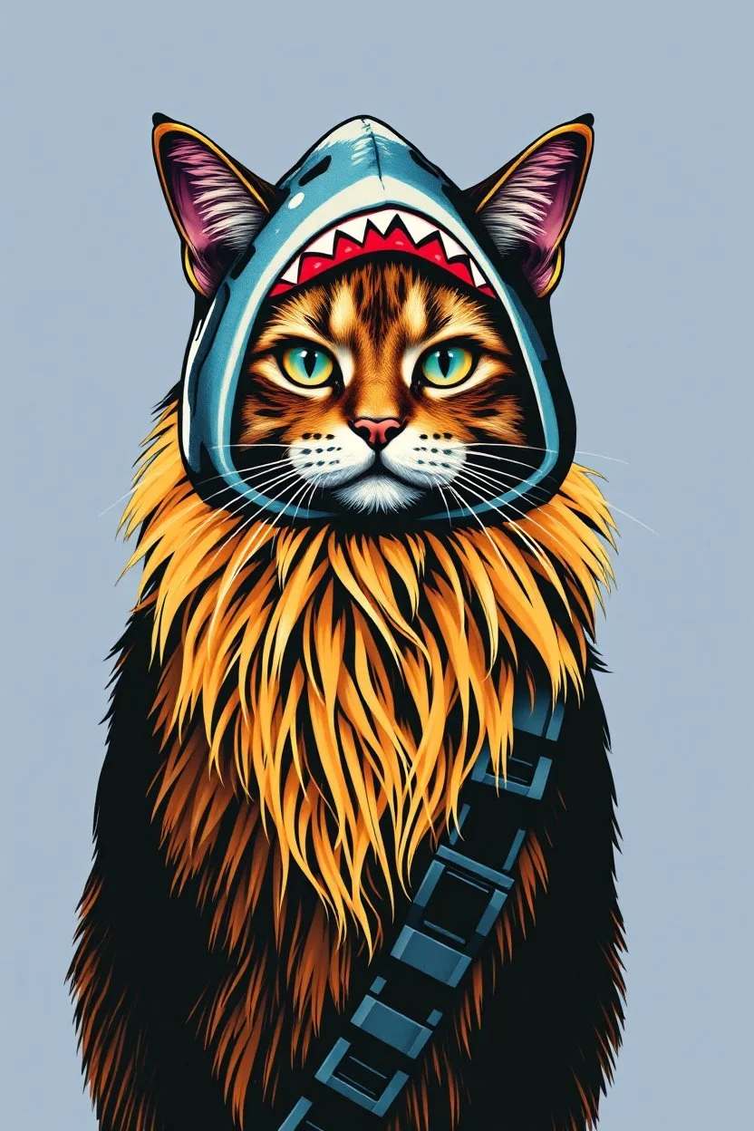 cat with shark mask hat solana chewbacca body cypher punk japanese style in the style of warhol