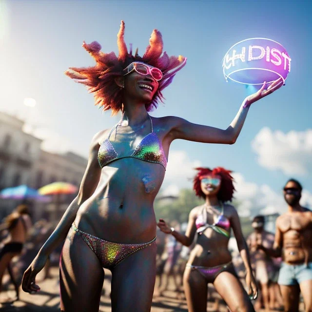 Ultra Realistic photo, medium shot view, drunken dancer bikini woman, carnival scene, monster hair, steampunk. Red hair, confeti, Sunglasses, smile, happy, festival, gradient color fog. highly detailed, concept art, unreal engine 5, ray tracing, RTX, lumen lighting, ultra detail, volumetric lighting, 3d, finely drawn, high definition, high resolution.