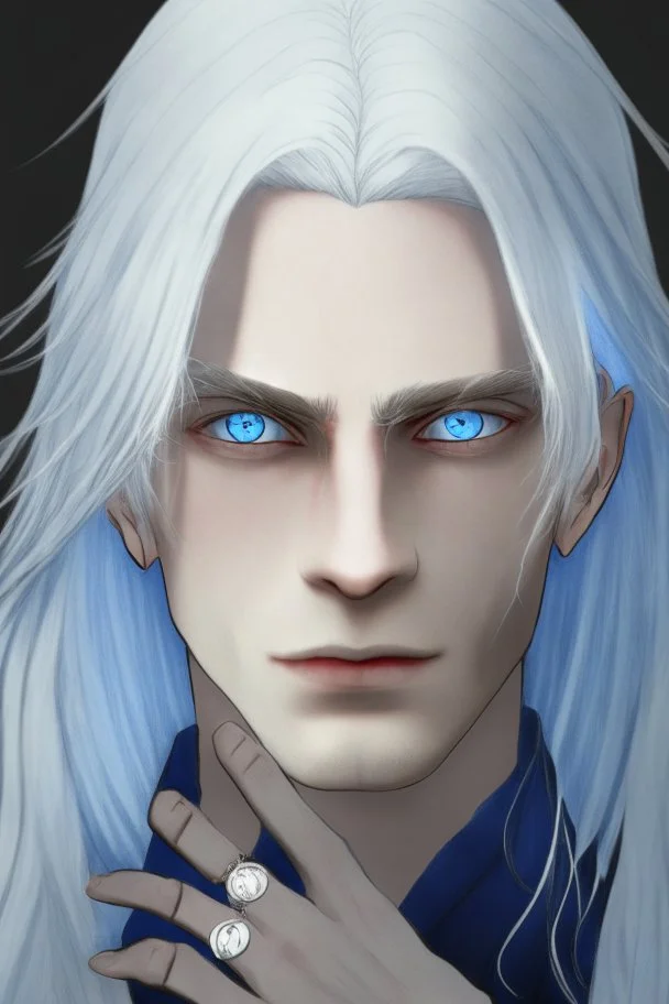 Realistic young man, long white hair covering one eye, blue eye, has rings on his hand, pale skin, slim bit fit