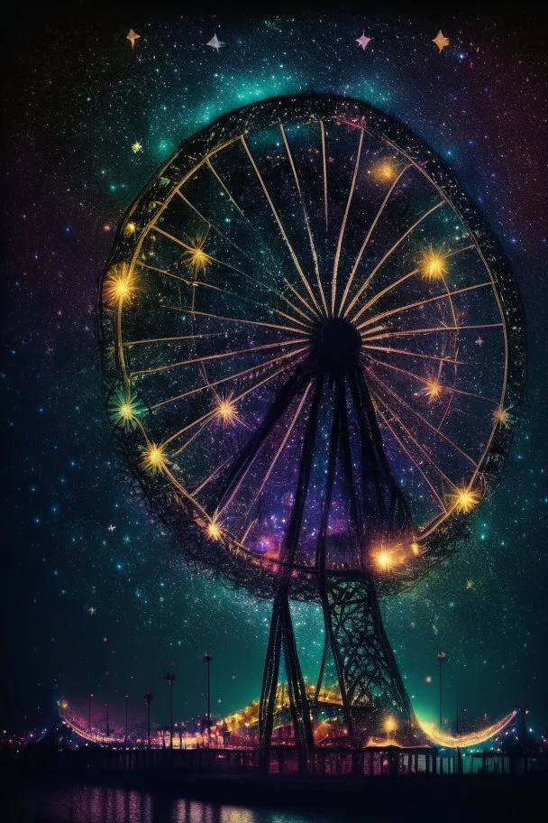 night, downtown, party centre, glowing Ferris wheel, starry sky in starshine