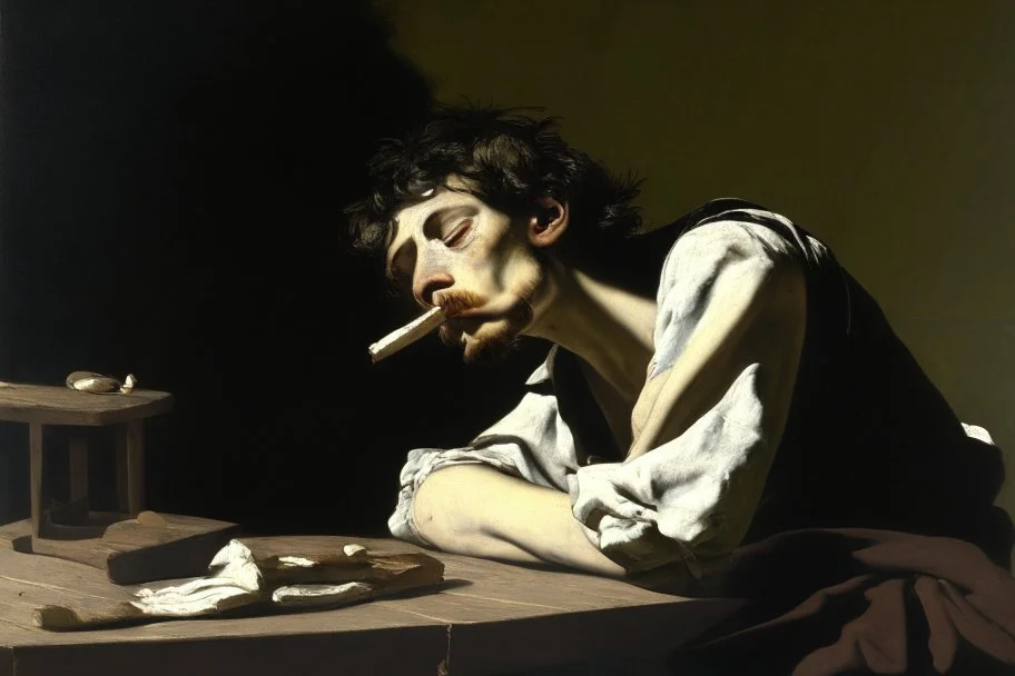 man smoking on picnic table by Caravaggio