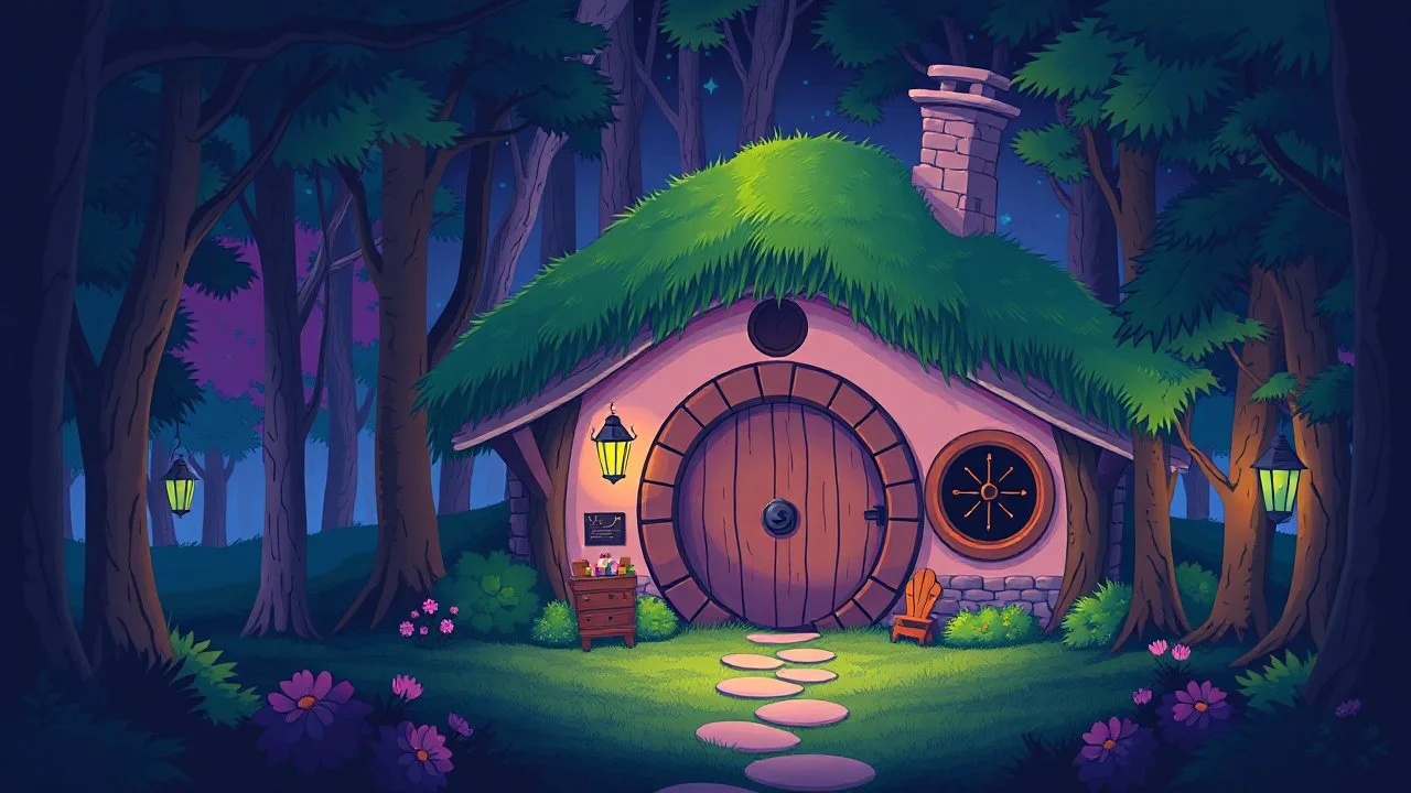 hobbit cottage in the woods surrounded by trees, night, whimsical feel, pinks, blues, purple and green colors, circular hobbit-style door with central knocker, circular hobbit-style windows, green grass roof, lanterns, starlight, chiaroscuro, quaint, homely, inviting, LOTR, Tolkien