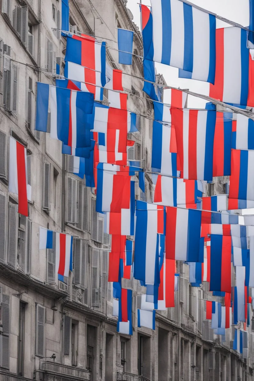 Dystopian French city with wmpty streets filled with blue flags