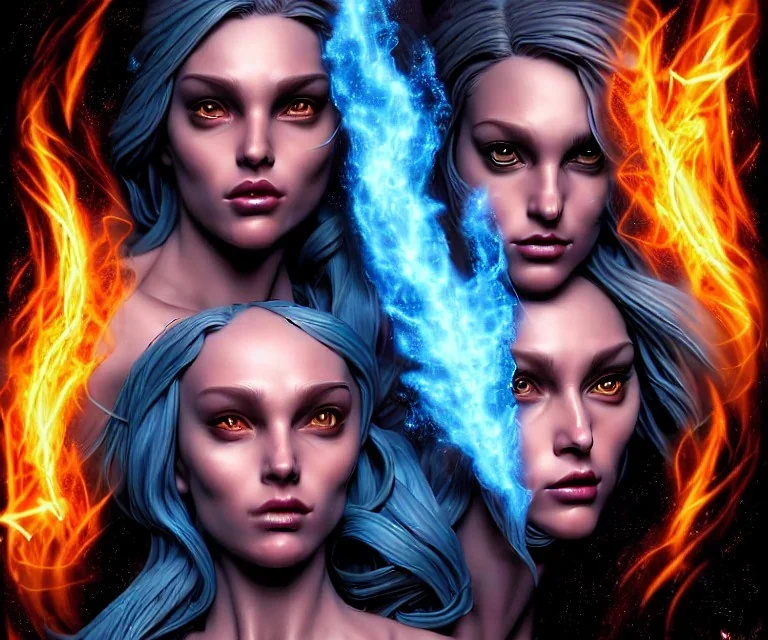 Four doll divine representing each, one of each of the elements of the four elements: Fire: Earth: Air: Water. Four female figures. Mark Brooks and Dan Mumford, comic book art, perfect, smooth elemental galactic space core. Detailed photograph, WLOP, Unreal Engine 5 volumetric lighting. Insanely intricate face, soft hair, hyper detailed painting by Ismail Inceoglu Huang Guangjian and Dan Witz Central fantasy art album cover art resolution HD