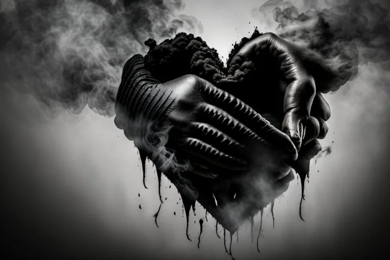 A black hand made out of black smoke violently gripping a human heart, squeezing all blood out of it, foggy, surreal