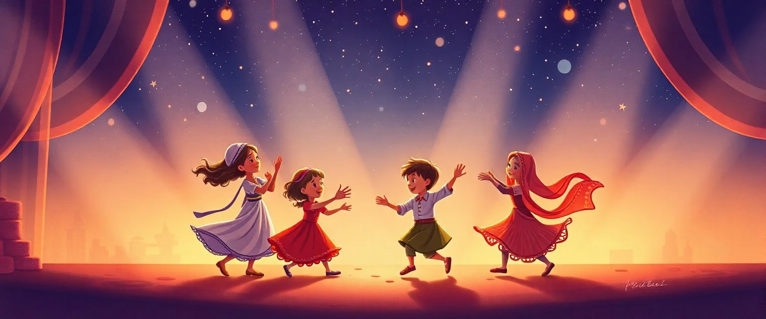 illustration of children playing and dancing. fantastic lighting, chaabi children's book proportions