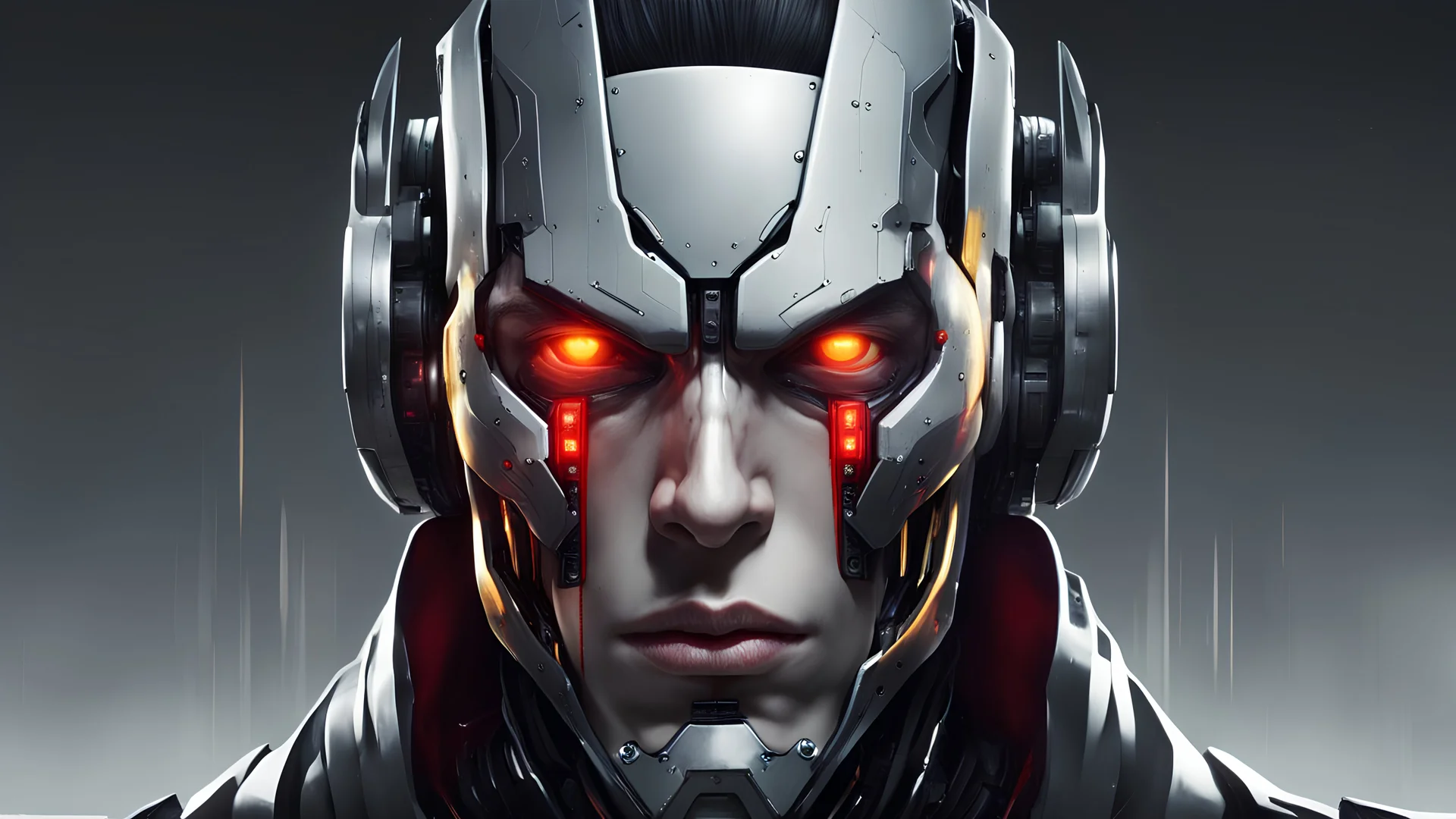 Create a character that is a cyborg. His face should have a vertical split line down the center. Half of the face will be a man with red skin and a yellow glowing eye and dark hair. The other half of the vertical split with be a metal robot with a scary face and a red glowing eye. And he should have on a black coat wit a big hood on like a mythical character that practices dark magic.