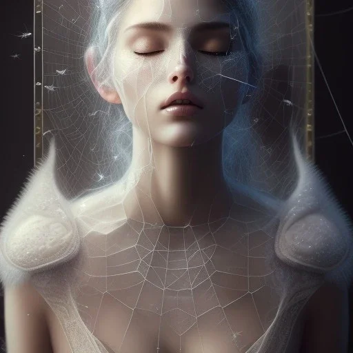 beautiful woman with spiderwebs on face, asleep on pillow, eyes closed, 8k, high-quality, fine-detail, intricate, sharp, crisp, digital art, detailed matte, illustration, octane render, brian froud, howard lyon, Anne Dittman, Anne Stokes, Lisa Parker, Selina French