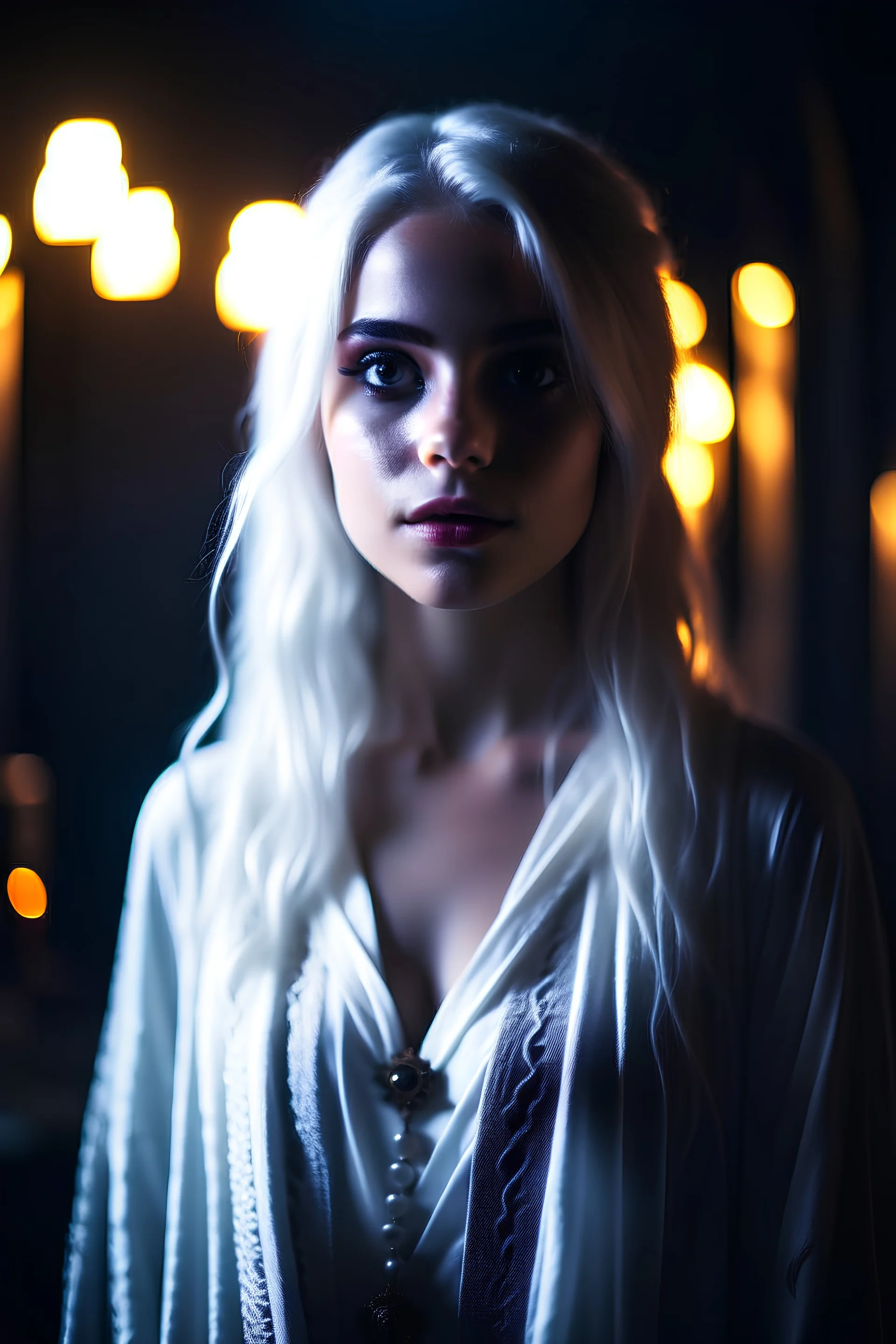 portrait of a beautiful young sexy goth girl, long messy white hair, dressed in lace robes with exposed shoulders, standing in a torch lit crypt, pale smooth skin, white eyes, piercing, unholy necklace, realistic, cinematic lighting, highly detailed face, very high resolution, looking at the camera, centered, light on face