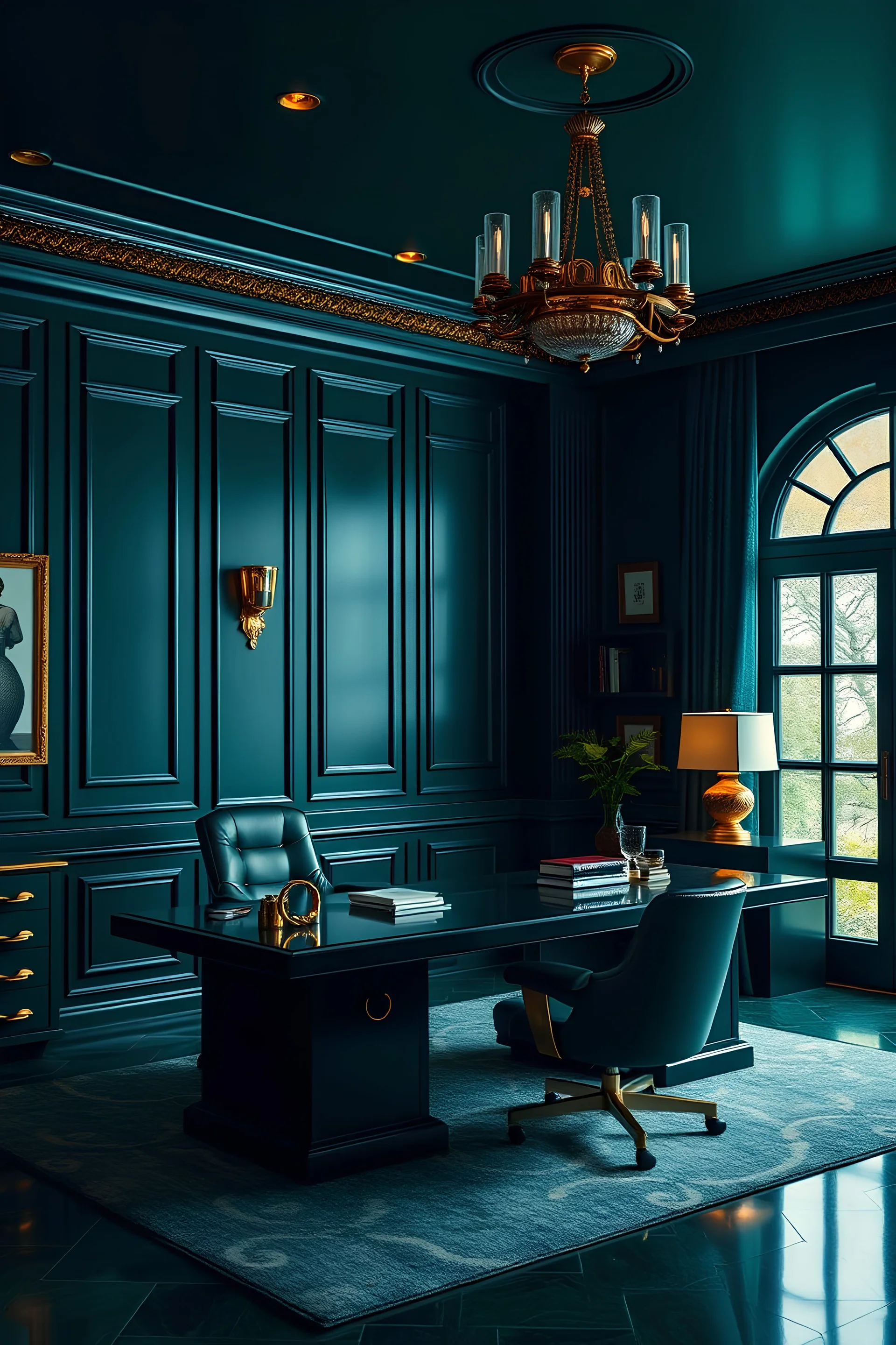 Cinematic shot of a dark emerald green office in the style of art deco with gold accents