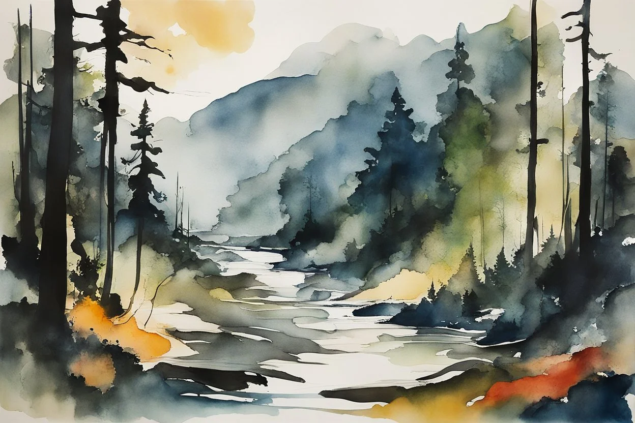 an abstract, dramatic, ink wash and watercolor painting of a lush Pacific Northwest forested, rock strewn, river valley landscape, in the style of Helen Frankenthaler, and Sam Lewis Francis, bold ink outlining, rich natural colors, museum quality masterpiece