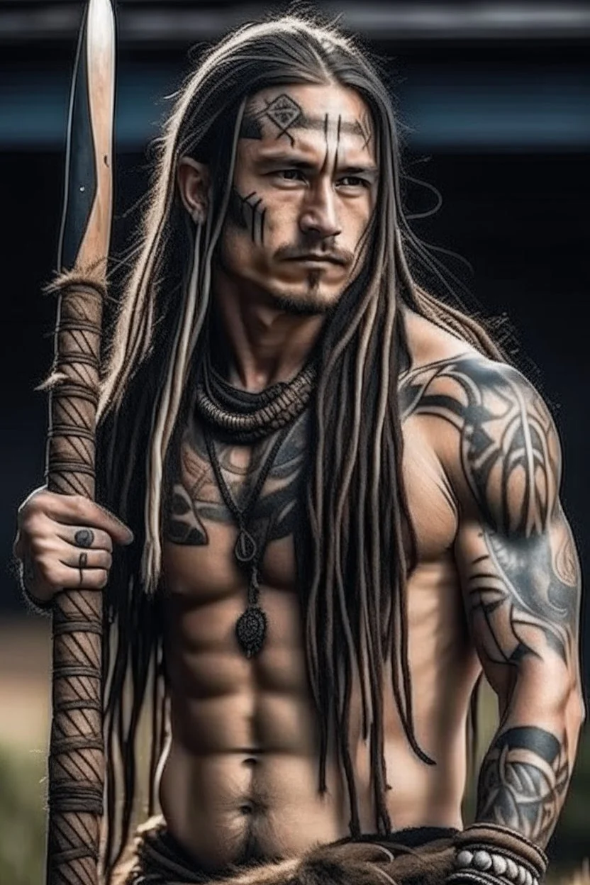 clean shaven long haired warrior with tribal tattoos and spear