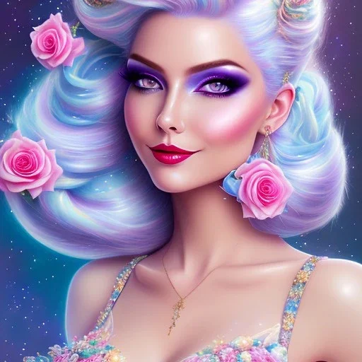 jolie femme galactique cosmonaute sourire avec longs cheveux bleu pastel joli visage souriant et beau corps bien formé , beaux yeux bleus rieurs - grandes ailes roses , ciel bleu fleurs blanches et roses. robe en soie, jolies dents, jolis yeux rieurs , picture precise and hight quality 8k, 10k ambiance rose pÂle, combinaison de cosmonaute, bijoux