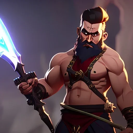 Ganesha battle axe, beard, sleeve tattoo, strong man, small minutiae, tiny features