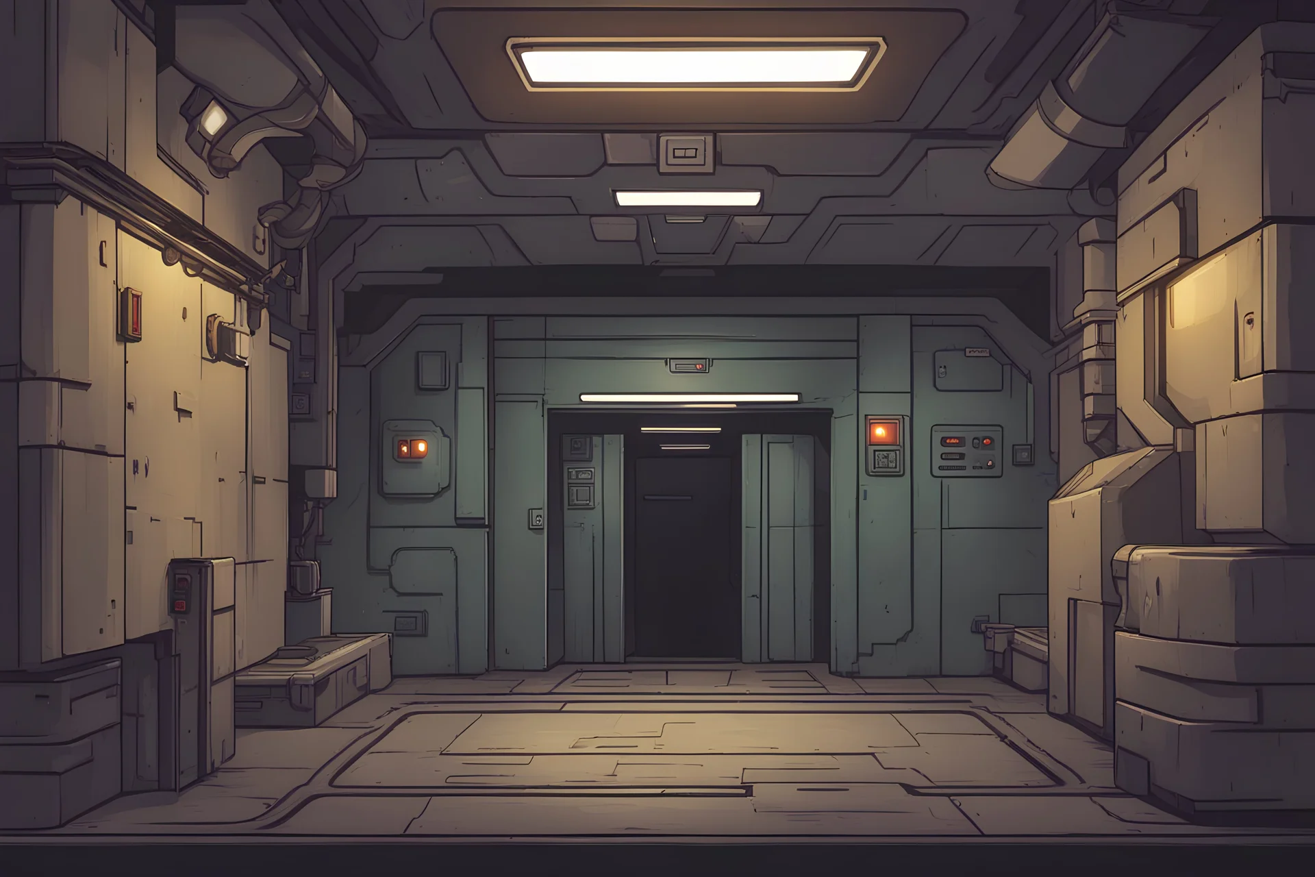 background, sci-fi underground bunker lift and hallways on multiple floors for asset video game 2D view, platformer