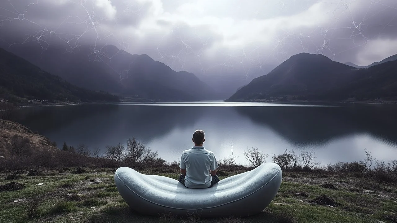 back to the camera a figure sittings on amorph sofa in a beautiful dreamlike landscape and overlooking the water of the nearby lake, calm, harmonious atmosphere, muted dark colors, purple, white, gray, green, blue, brown, silver, black , ,not too colorful colors, Whimsical style and giant stunning neuron network all over the sky, half shadow and half light abyss, surreal stunning vibe
