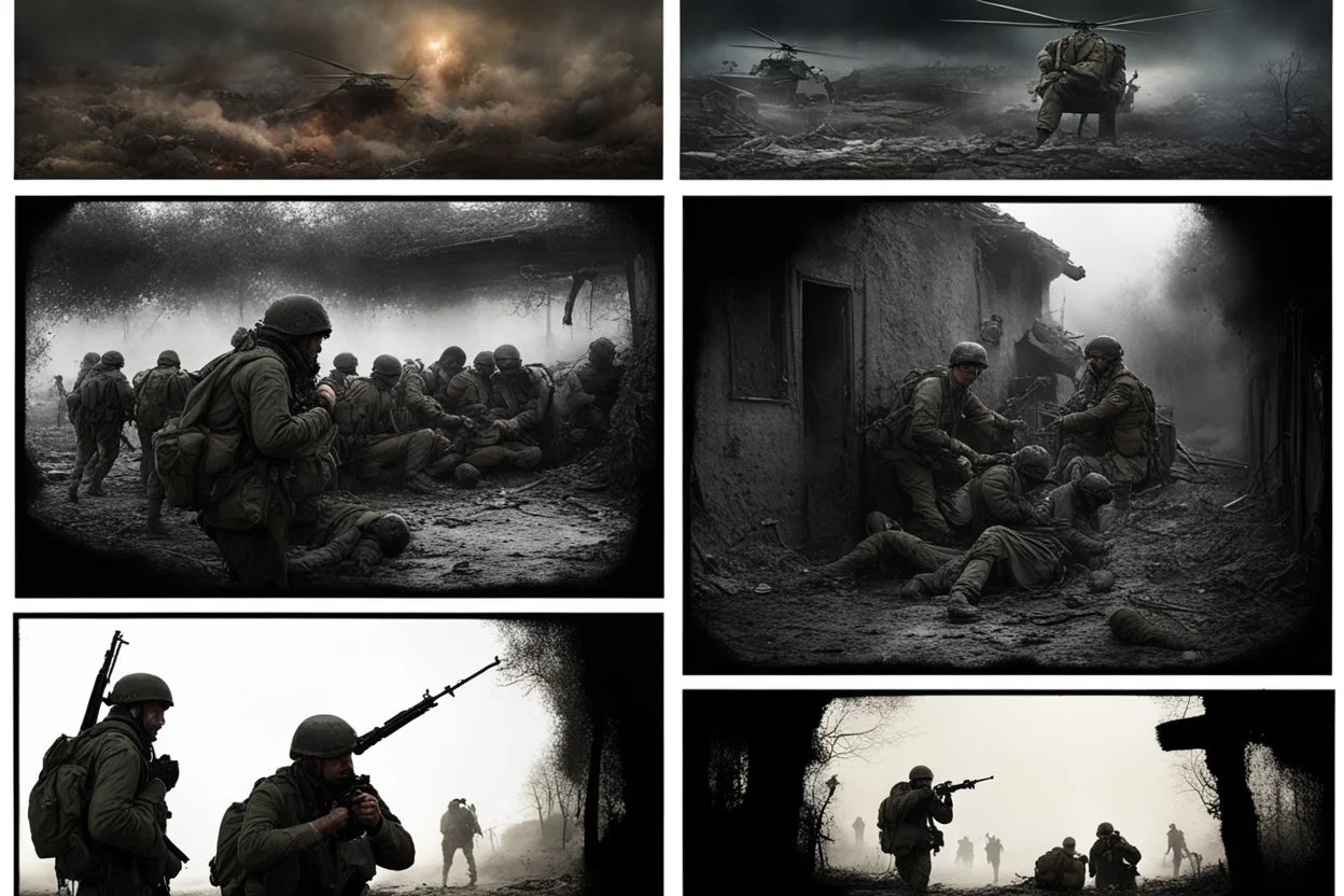 Masterpiece1:5)(Fineart), (award-winning:1.5), highest quality, (ultra realism:1.5) war journalism(,(by Tim Page and Hoorst Faas:1.5)),(Eastern Ukraine:(panel one:the moment after a battle ends, horrors of war, wounded men),(2nd panel, cinematic shot of men sitting in trench with 1000 yard stare (focus on their eyes:1.5)),(the third panel shows troops tired but hyper alert), (the fourth panel shows the sky is filled with incessant, fire and smoke everywhere,)