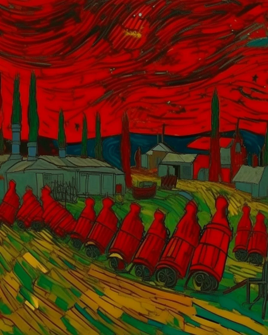 A dark red facility with missiles painted by Vincent van Gogh