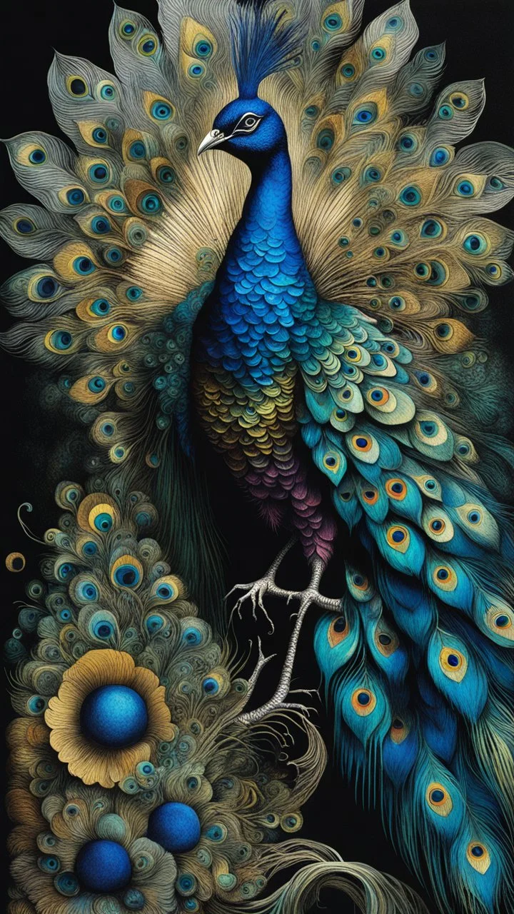 Max Ernst surrealist full body portrait alcohol ink illustration of a peacock with intricately detailed facial features, traversing the multiverse of transformative and expanded consciousness, blurring the boundaries between mortal and immortal, sharply defined and detailed, 4k in dark moody natural colors