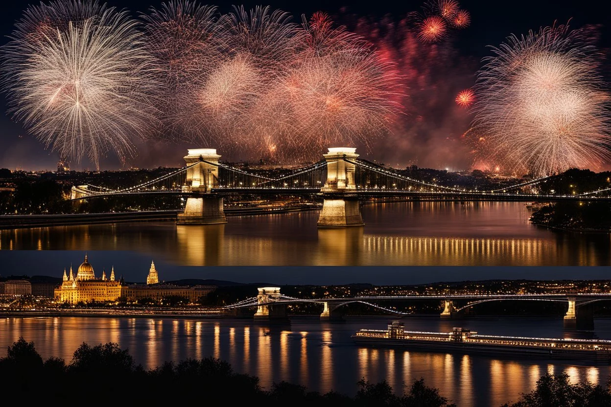 Chain Bridge Budapest, Danube, fireworks in the sky, smoke, dust, reflection at night in starshine