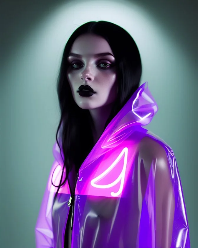 Picture by koson ohara and marta bevacqua, portrait of a beautiful goth woman with long black hair, wearing a plastic raincoat, purple neon lighting, 8k, high quality, highly detailed