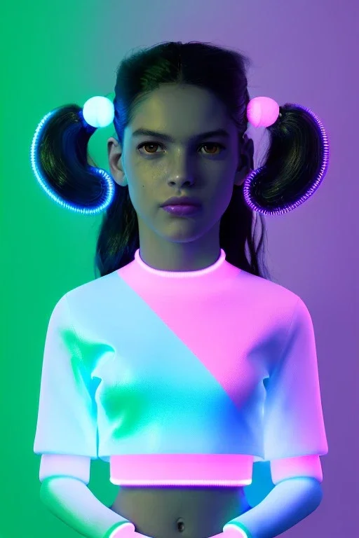 Rosalía, artist, natural, Realistic, waist up portrait. Eyes, make up, glow, circle iris, eye liner. Hair, pigtails. make up, glow. lips, gold. big rings piercing, led ornament, pearls. Hand, baseball bat, Coat, smile pin, inflatable latex, cold, led lights, minimal, neon, pink, blue, gold, vibrant color, highly detailed, art stations, concept art, smooth, unreal engine 5, god lights, ray tracing, RTX, lumen lighting, ultra detail, volumetric lighting, 3d, finely drawn, high definition, 4k.