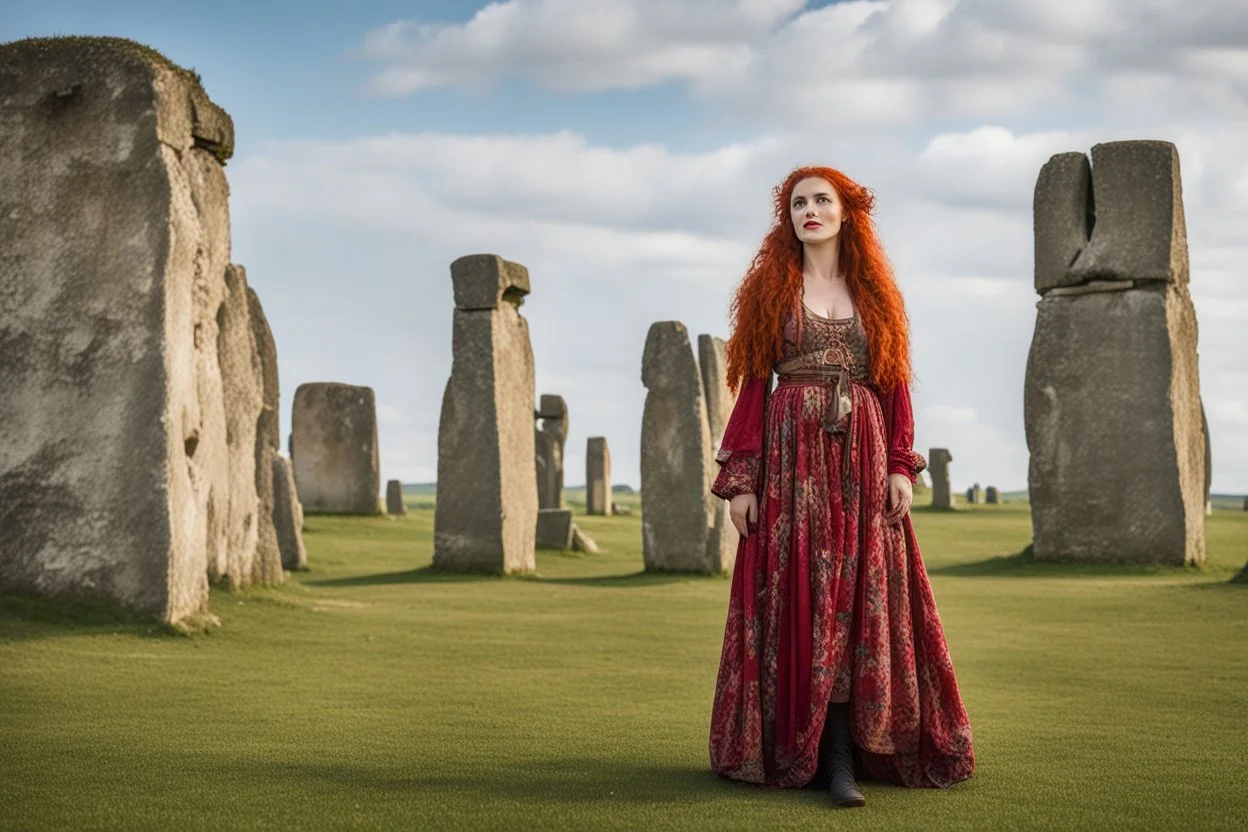 Full body shot of a tall slim red-headed young woman, dressed like a gipsy, standing in front of Stonehenge