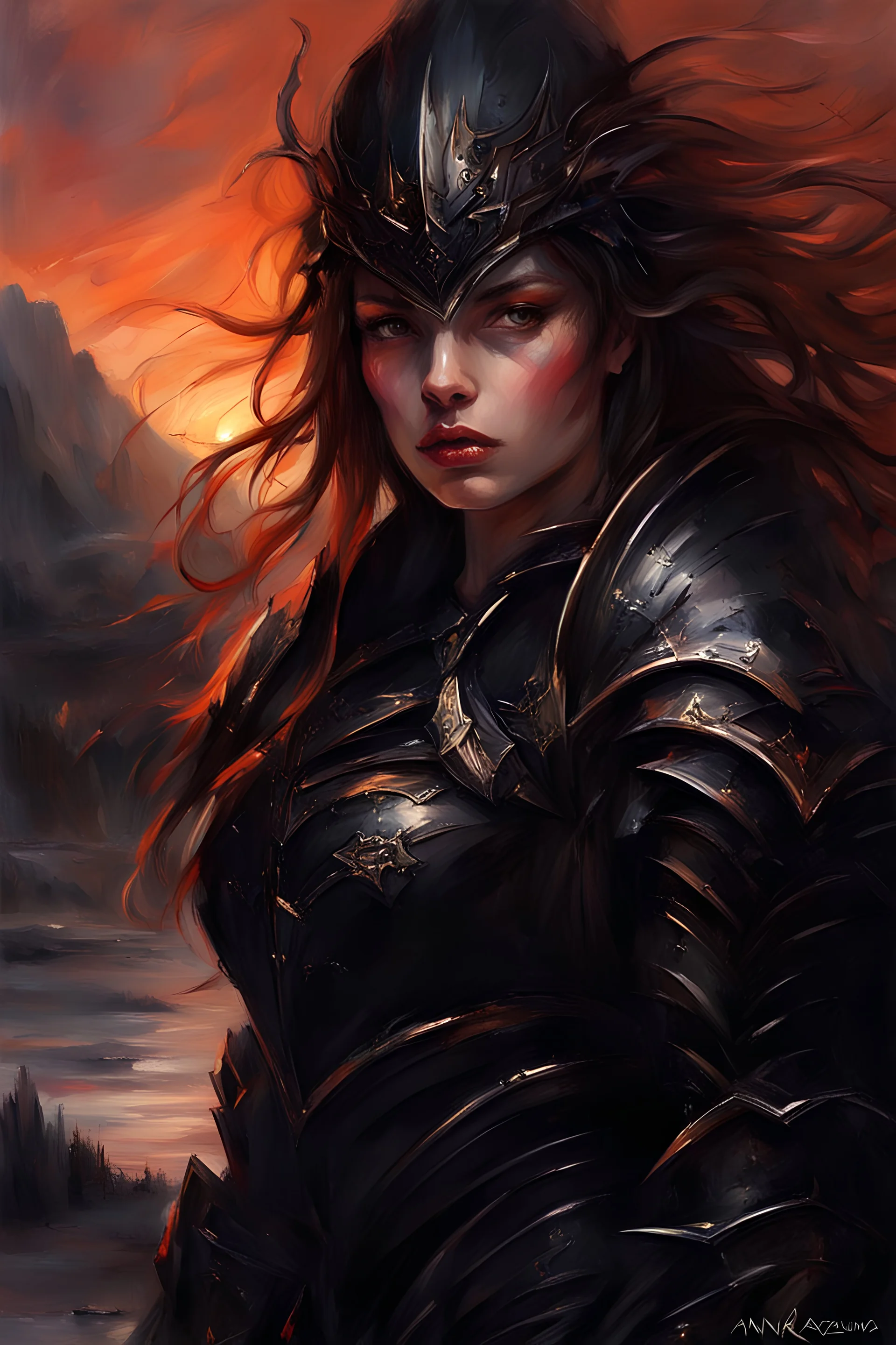 A formidable warrior girl in black armor, on the background Amazing gloomy landscape, flooded with sunset, mountains, trees, fabulous scary hero, , juicy emotions, painting, dark fantasy, gloomy day, dark world, portrait, by Anna Razumovskaya