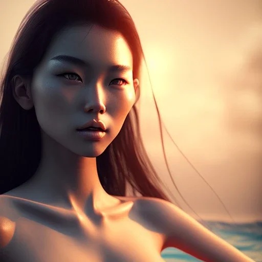 Asian women on the beach hot day atmospheric, realistic, unreal engine, lighting, octane render, perfect face, lips full