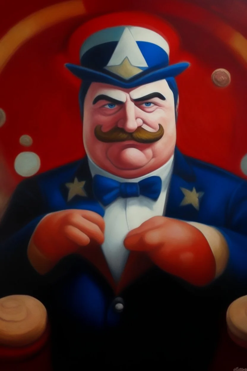 Fat captan america burguese mustache at the casino oil canvas.