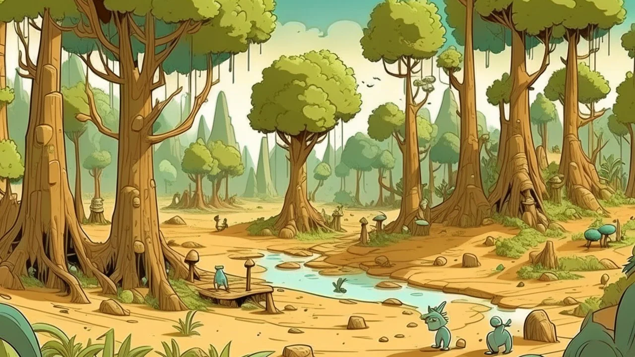 Cartoon illustration for children: Cenozoic scene, millions of years ago, with towering prehistoric trees, bubbling mud pits