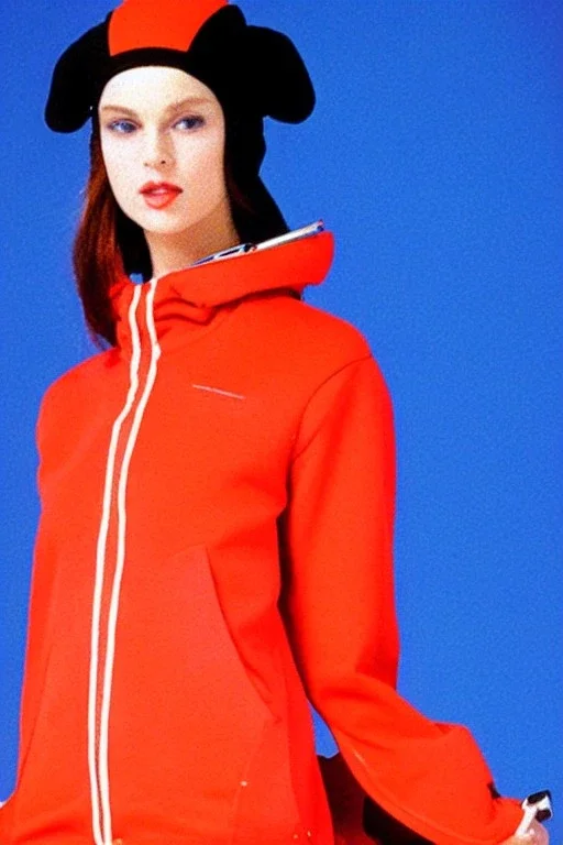 late 1990's women fashion.interesting hoodie with long tippet integrated to bolero -like attachement with pockets which goes up to a Hat with a visor with integrated headphones to it. Karjalainen kuvio, Karjala patterns. Haute couture. This term is French for high sewing or high dressmaking and often refers to exclusive designer creations. ... Label. ... Ensemble. ... Silhouette. ... Off-the-rack. ... Hemline. ... In vogue. ... Fashion-forward.