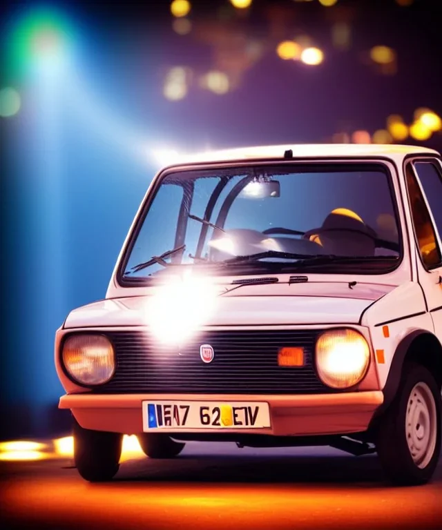 fiat 126p, city. high speed. bokeh. lens flare. warm lights. high detailed