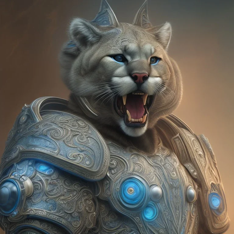 a cougar warrior in blue and white battle armor, a highly detailed illustration, background of Inka jungle, realistic render, 8 k, micro detail, intricate, elegant, centered, digital painting, Artstation, smooth, sharp focus, illustration, artgerm, tomasz alen kopera, peter mohrbacher, donato giancola, joseph christian leyendecker, wlop, boris vallejo