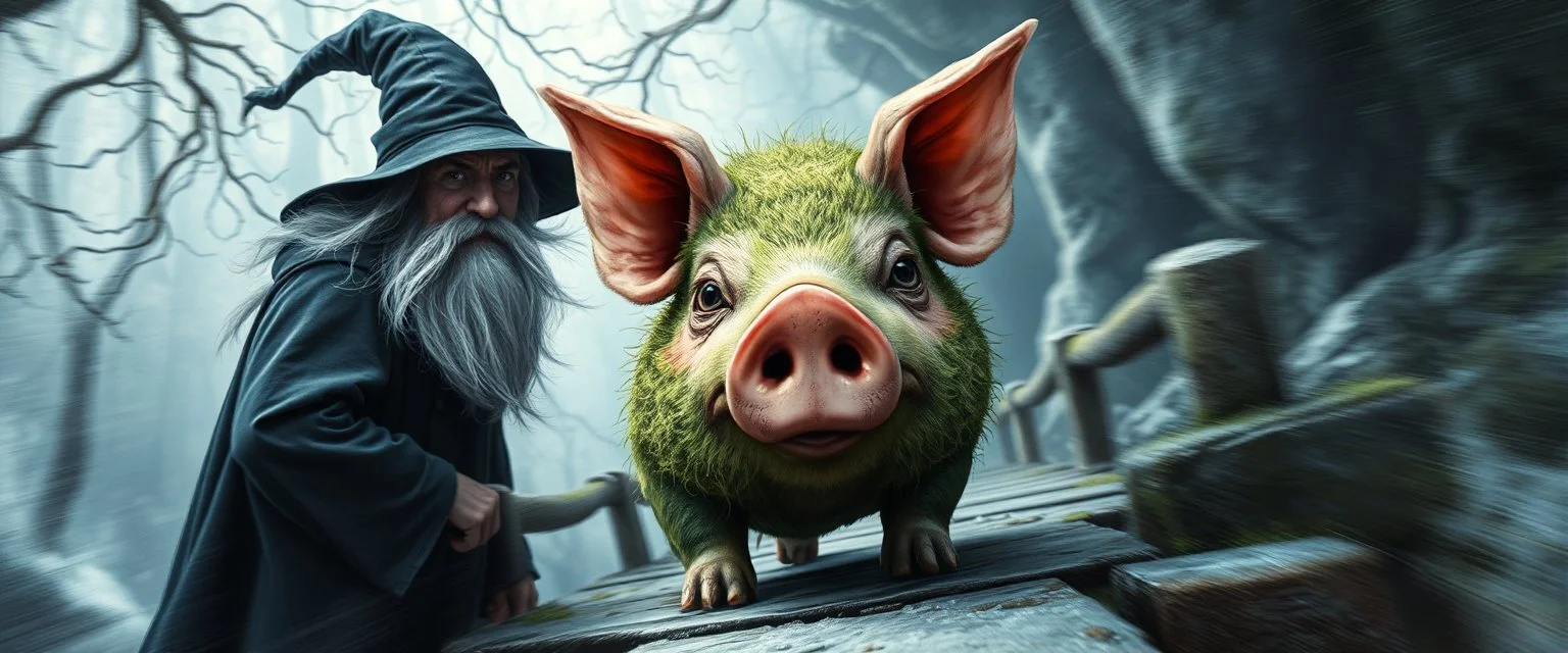 motion blur, airbrush and pen outline close up portrait of wizard behind that cute evil moss pig on the bridge, Beneath the frozen boughs he strode, Where glassy frost did bite the road The bridge did arch o’er shadowed flood, And whispering waters ran like blood. Each step a ghost, each breath a flame, The cavern shivered at his name. *(Verse II)* From corner dark, a rustle, a squeak, A nimble shadow, clever and meek. Its eyes did glimmer with childish guile, Yet laughter edged with malice vile