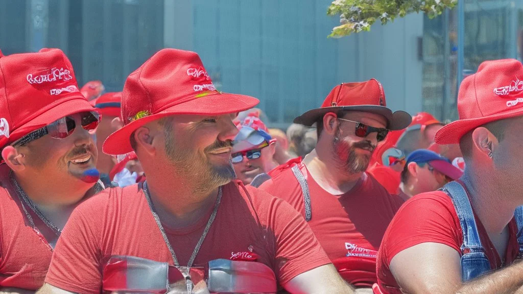 many men wearing red trucker hats enjoy the pride parade floats