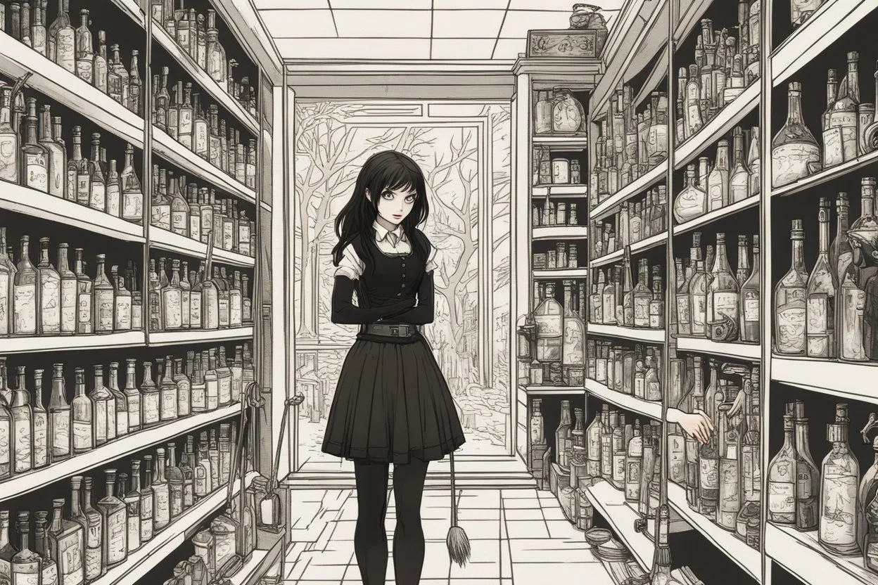 full-height shot of a young witch in a tight black short skirt, inside a large magic shop, shelving, bottles, windows