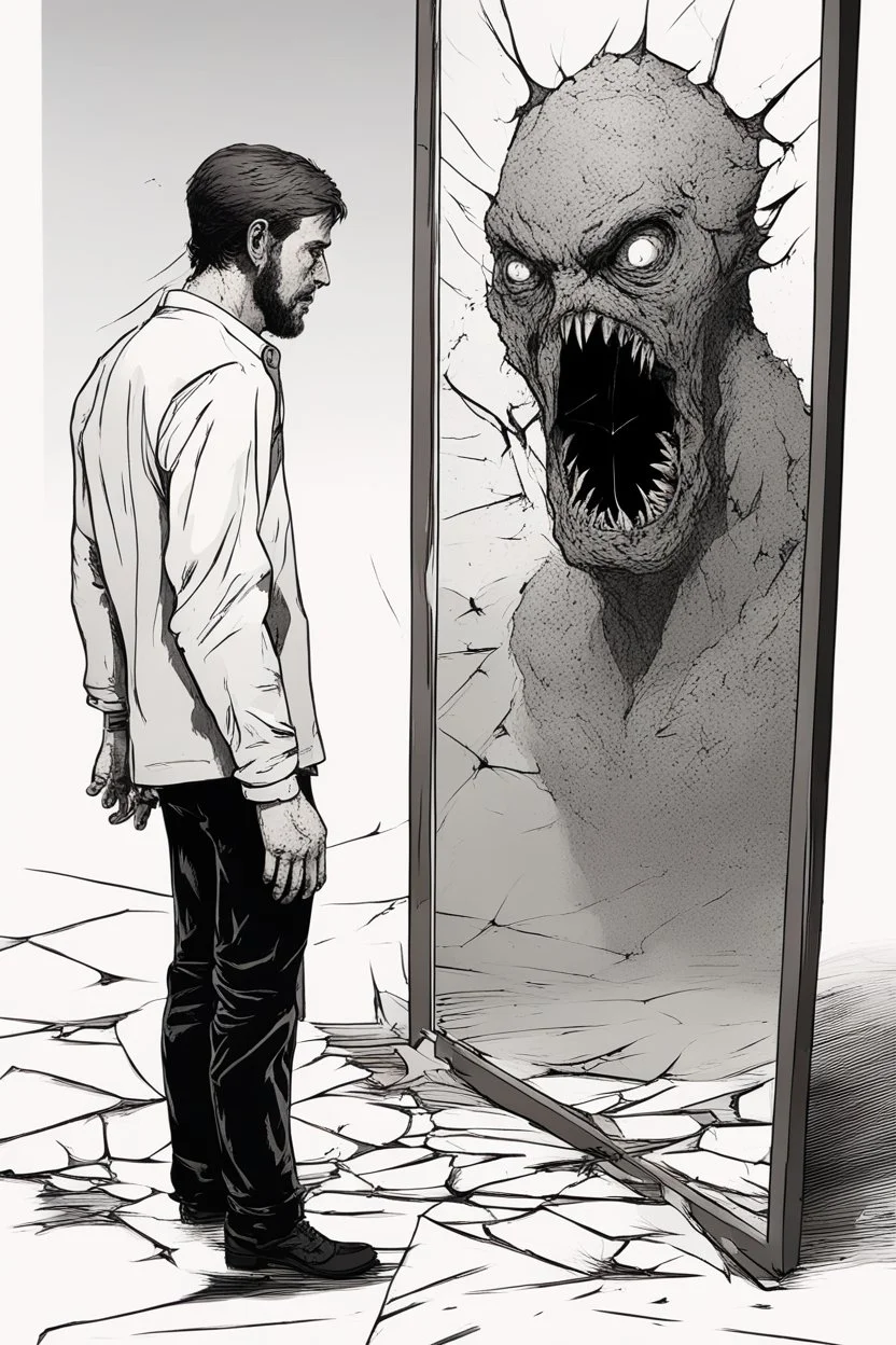 a man looking into a shattered mirror and seeing a horrifying, abstract deranged monster in his reflection