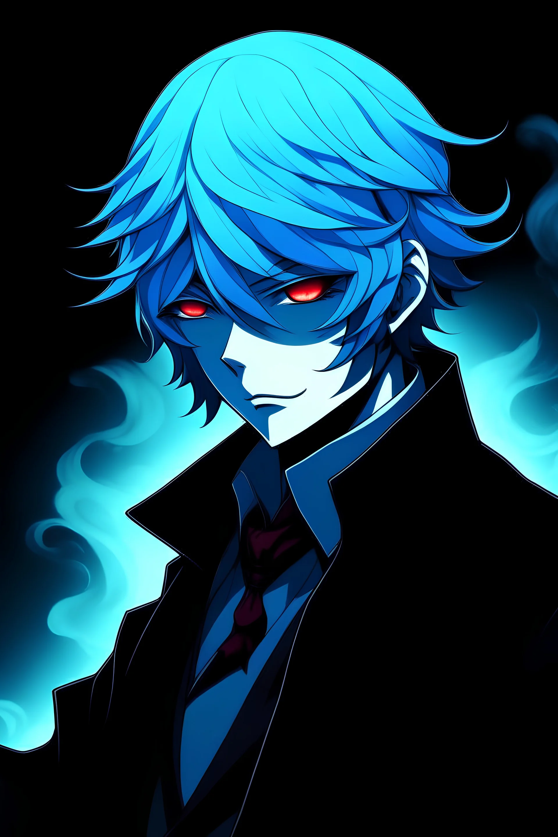 A Demon evil dark Butler, fading into dark smoke blue hair, anime
