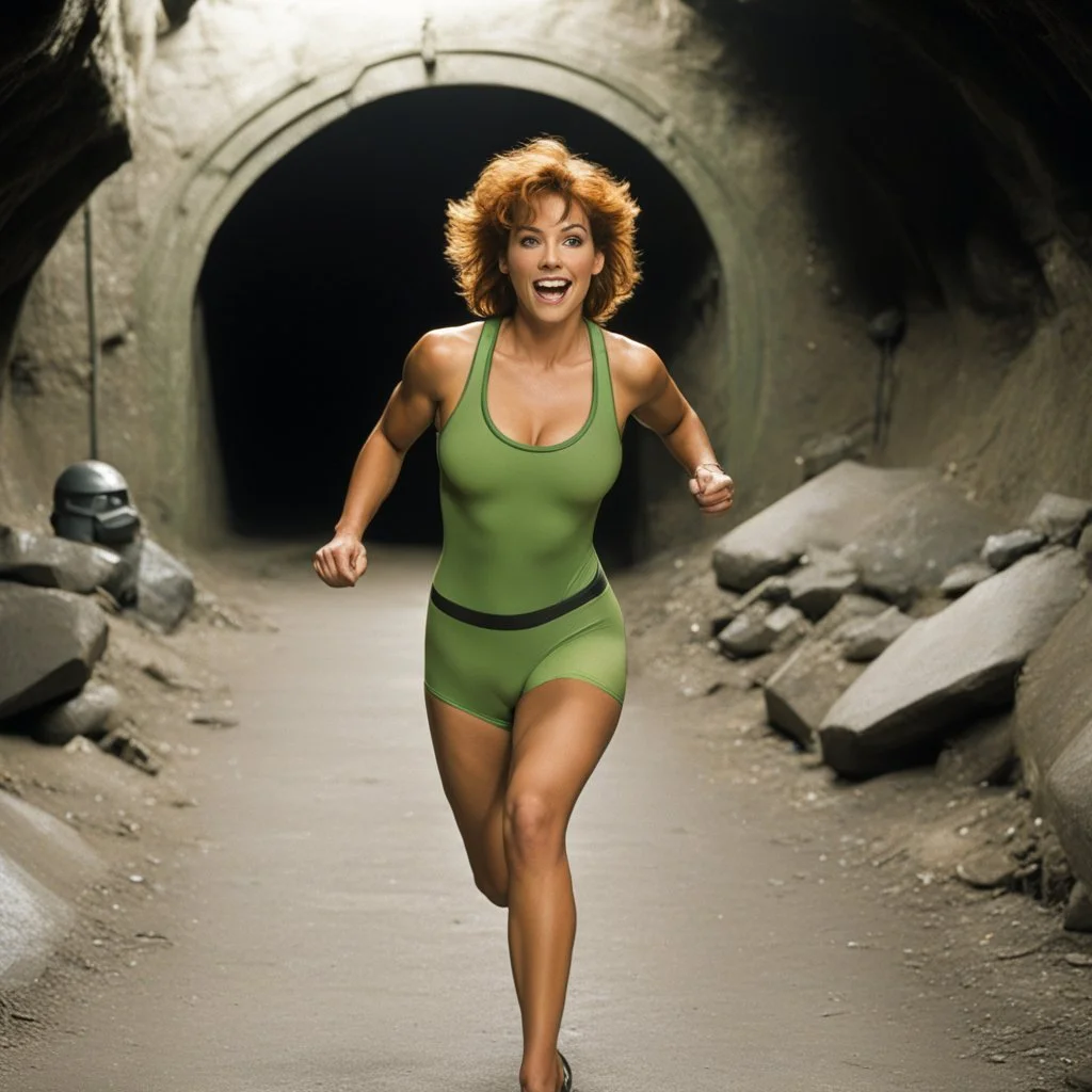 [photo by Kevin Eastman and Peter Laird] surprised April O'Neil, 24-years-old wearing a olive green one-piece swimsuit , running away from Bebop and Rocksteady, the underground tunnels in the background, vibrant 1990's movie