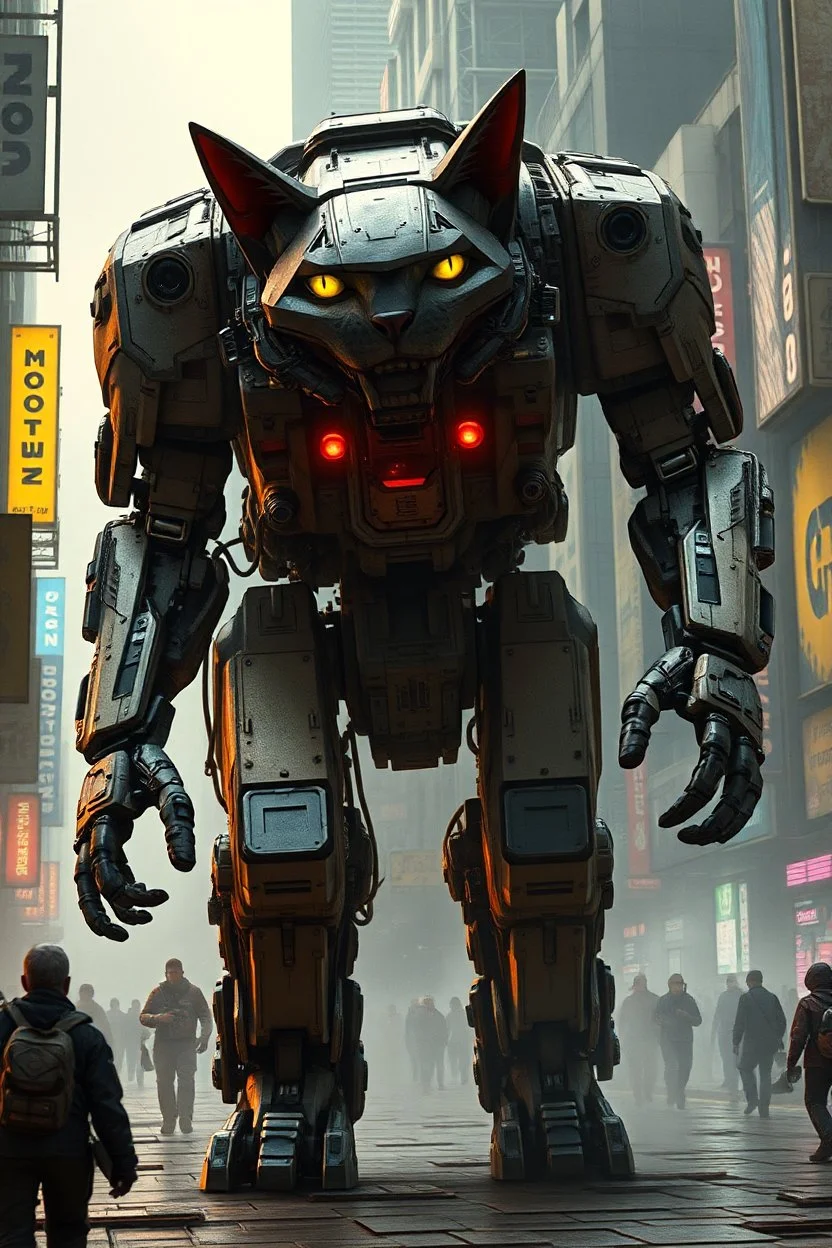 huge mechs walking through cyberpunk city full of cyber cats that looks high tech but primitive like neanderthals