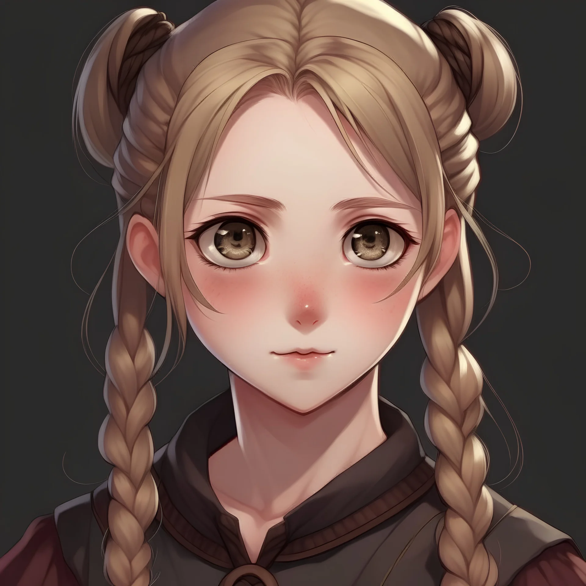 Teenage girl, dark blonde hair in fishtail braids twisted into a little bun, timid hazel eyes, anime style, looking into camera, front facing,