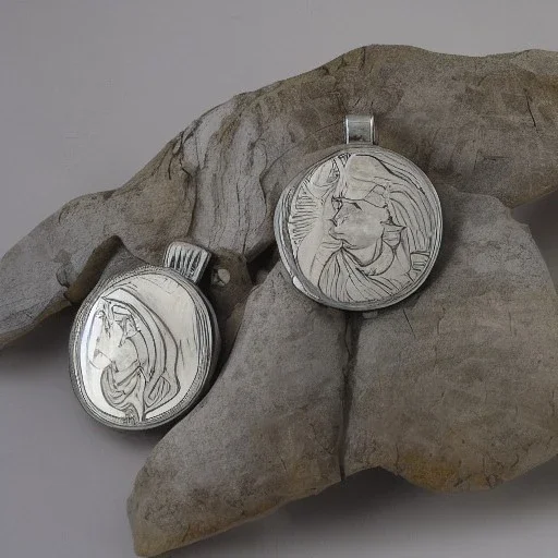 pendant in a form of two conjoined silver coins, watercolor, large strokes, artwork, fantasy