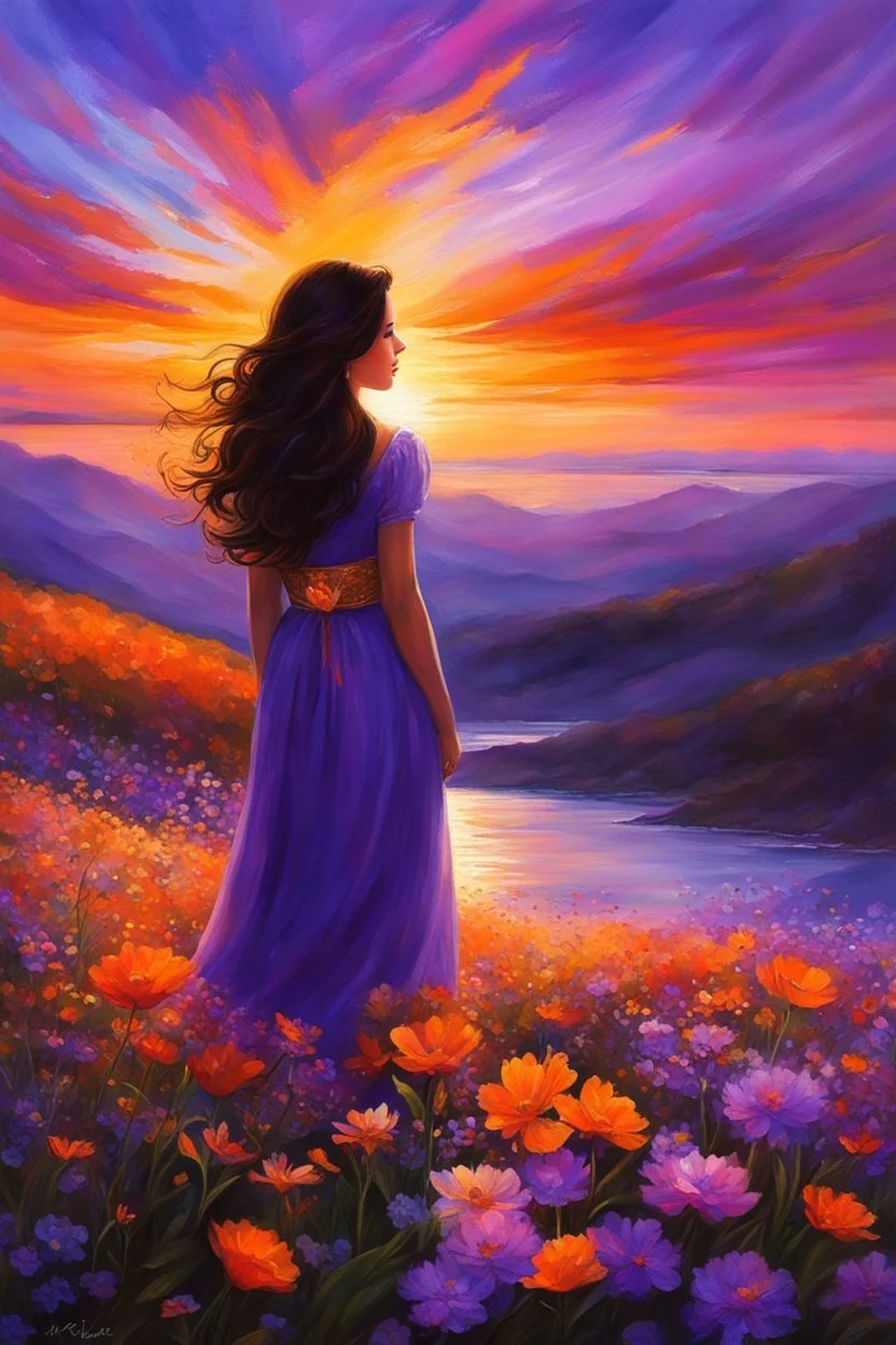 In hues of orange, purple, and gold, A girl, dark hair, her eyes so bold, Watching the sunset, with kindness untold, In this vibrant world, so beautiful, behold. Spring's breath whispers through the air, Painting nature in colors, beyond compare. Her soul shimmers, like the sky's vivid flair, A moment frozen, forever to share.