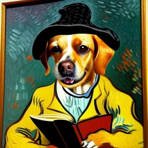 oil portrait of a dog with hat reading a book and smoking a wooden pipe by Van Gogh 8k