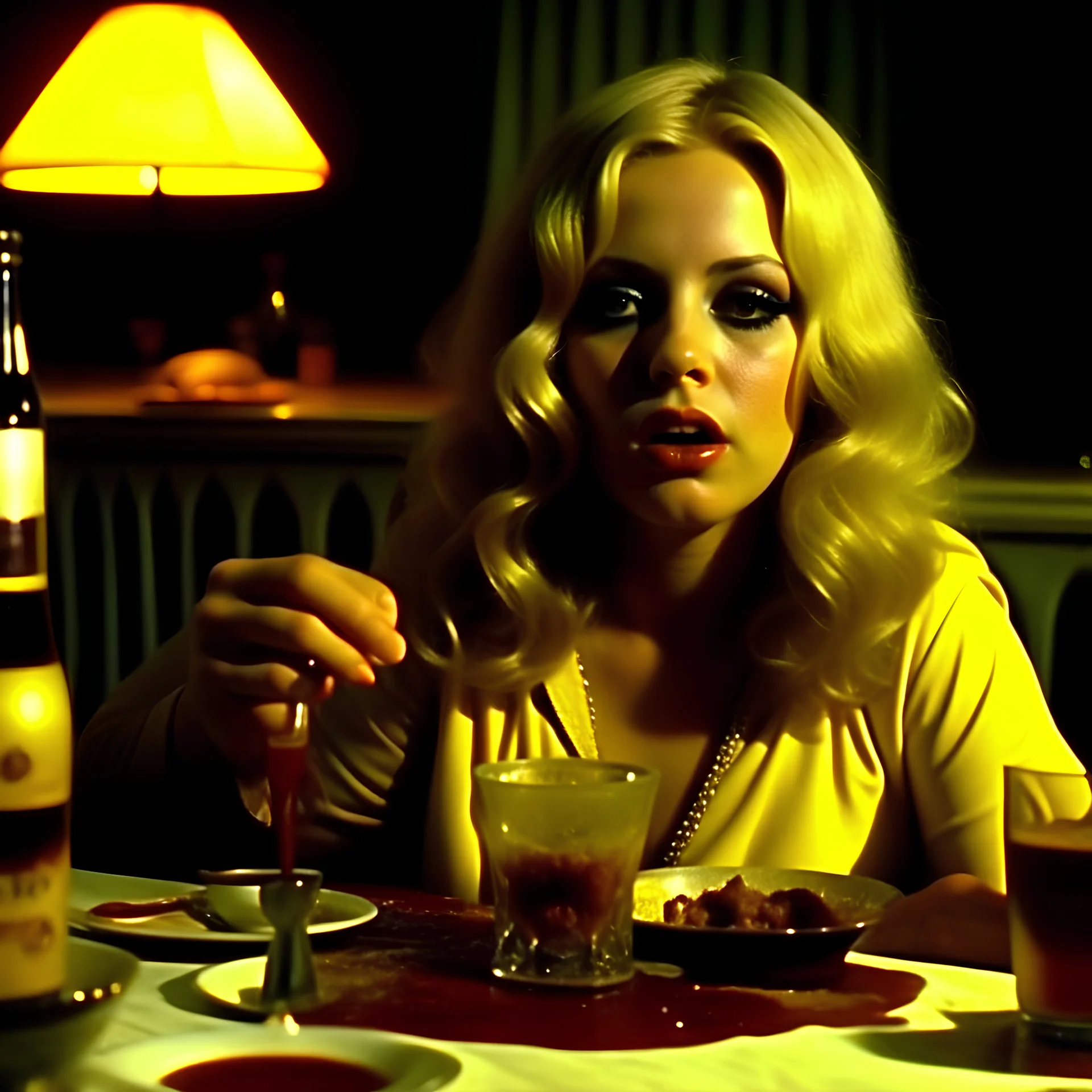 Horror movie shot, hard splatter, pastels, breest, die, ultra realistic, dine, pastel, ultra chaos, fetus, drink, sublime, realistic hot blonde women, pieces of meat, De Chirico, satanism, pieces of organs, light, 1970's Italian horror movie, sinister, ornate, Dario Argento, dadaism, 4k, photorealism